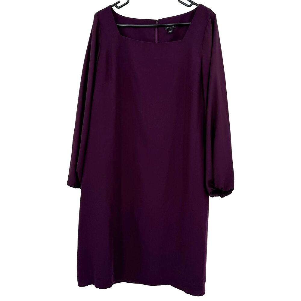 Ann Taylor Size 14 Long Sleeve Purple Dress Shift Style Rear Zip Up Knee Length